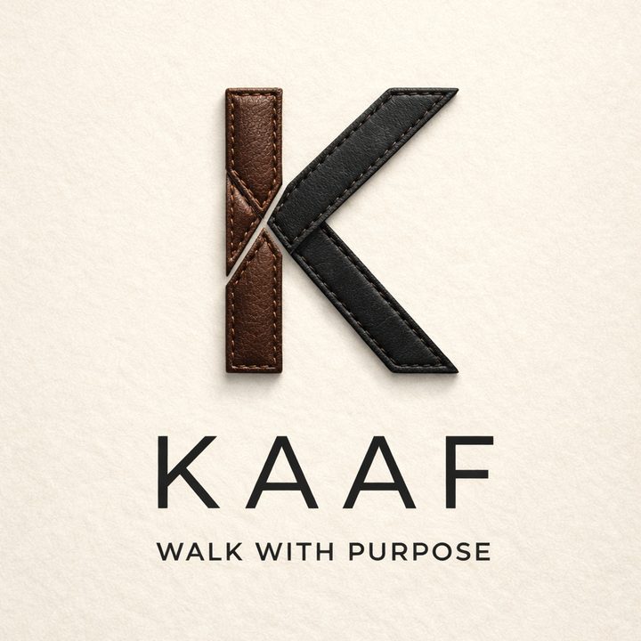 KAAF کا لوگو: چمڑے کی سلائی والا حرف K اور جملہ Walk with purpose